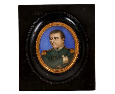 19th century portrait miniature on ivory, depicting Napoleon, quarter length, oval, with indistint pen inscription to reverse