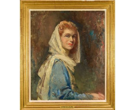 *Edward Seago (1910-1974) oil on canvas - Portrait of Mrs Cyril Fletcher, née Betty Astell, signed, 76cm x 64cm, in gilt fram