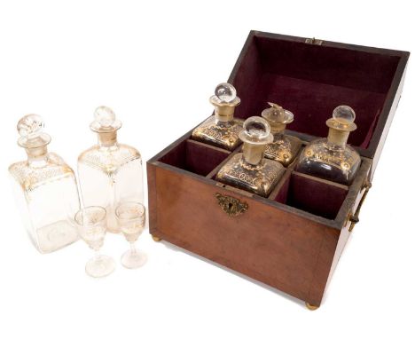 19th century continental mahogany and kingwood crossbanded decanter box, with patera inlaid top and flanking handles on brass