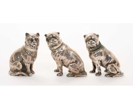 Pair Victorian cast silver pepperettes, realistically modelled in the form of a cat and a pug dog, with slip in head covers a