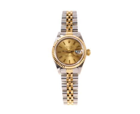 Ladies Rolex Oyster Perpetual DateJust gold and stainless steel wristwatch, model no. 69173, serial no. E166453, the circular