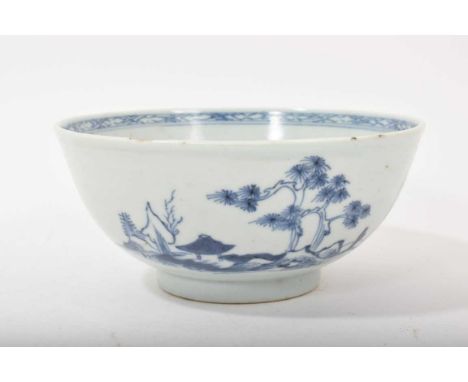 Chinese blue and white porcelain bowl from the Nanking Cargo, painted with a landscape, label to base, 15cm diameterTwo rim c