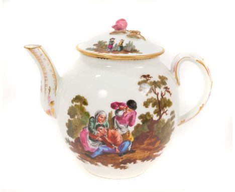 Continental porcelain teapot and cover, polychrome painted with peasants in the Teniers style, Zurich mark in underglaze blue