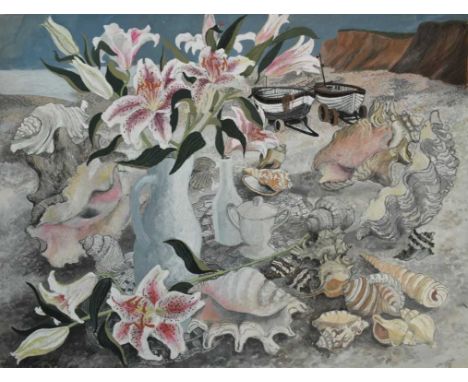 *Dione Page (1936-2021) two mixed media still life works, 'Lillies with Shells' and 'Tea Time', both inscribed and signed, un