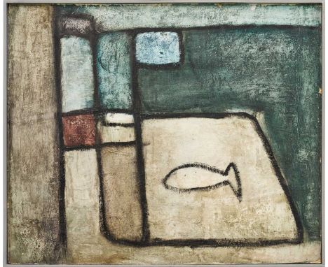 *Robert Sadler (1909-2001) oil on board - Fish in a Landscape, artist's stamp verso, 50cm x 61cm, framed