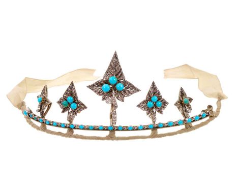 Fine Victorian diamond and turquoise tiara/necklace with five graduated detachable ivy leaves with pavé set rose cut diamonds