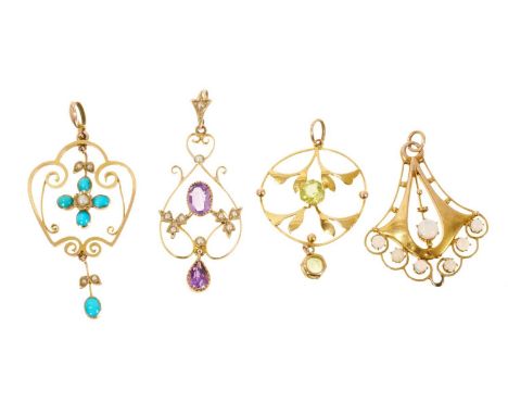 Four Edwardian 9ct gold and gem-set pendants to include an opal, peridot, amethyst and seed pearl and a turquoise and seed pe