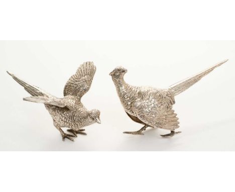 Matched pair of contemporary silver table ornaments, realistically modelled as a cock and hen pheasant (London 1963 and 1973)