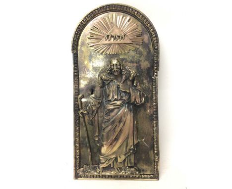 Early 20th century silver plated on copper tabanacle door in frame of arched form, decorated in relief with figure of God dep