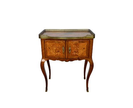 Antique continental walnut and floral marquetry side cabinet, of bowed form, with three-quarter pierced brass gallery and enc