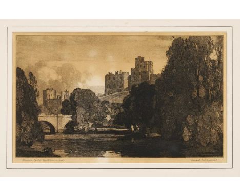 *Leonard Russell Squirrell (1893-1979) signed mezzotint - Alnwick Castle, Northumberland, 21cm x 35cm, in glazed gilt frame