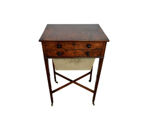 Regency mahogany and burrwood needlework table, with hinged crossbanded top enclosing fitted interior, frieze drawer and work