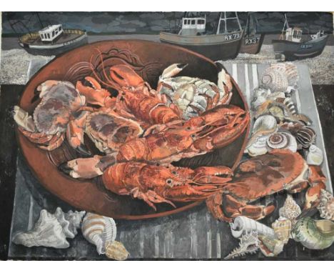 *Dione Page (1936-2021) gouache - Still Life, 'The Catch', inscribed, signed and dated '00, unframed, 57cm x 76cm