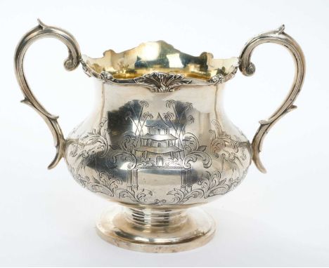Victorian silver two handled sugar basin of baluster form, with scroll border and engraved chinoisserie decoration, on a circ