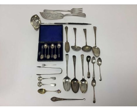 Selection of miscellaneous silver flatware, including fish slice and separate fork, two sifter spoons, Georgian toddy ladle, 