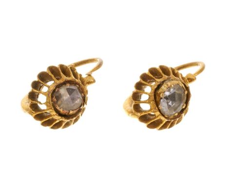 Pair of 19th century rose cut diamond earrings in a gold rosette setting with hook fittings for pierced ears, continental hal