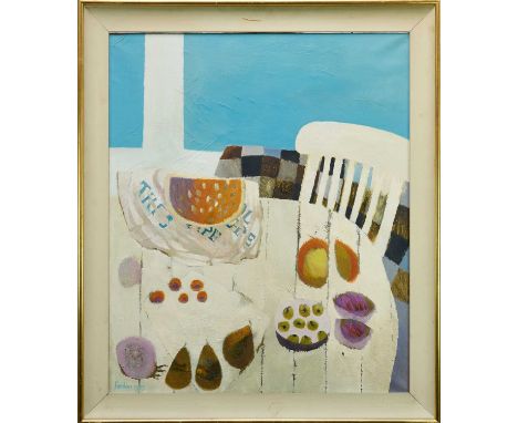 *Mary Fedden (1915-2012) oil on canvas - The White Table, signed and dated 1975, titled to artist's label verso, 91cm x 77cm,