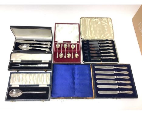 Selection of miscellaneous cased silver flatware including christening set, an anointing spoon by A E Jones, pickle fork, set