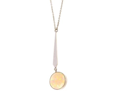 Edwardian opal single stone pendant with a round cabochon opal measuring approximately 10mm diamater in a millegrain 9ct whit