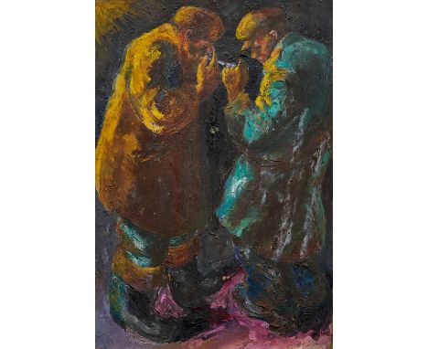 *Colin Moss (1914-2005) oil on board - 'Sharing a Light', an early work, signed and dated '54, unframed 56 x 38cmGood origina