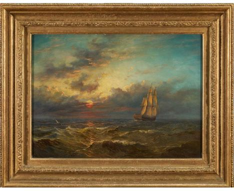 John Moore of Ipswich (1831-1895) oil on panel - Ship under Sail at Dusk, signed and dated 1880, 33cm x 45cm, in gilt frameTh