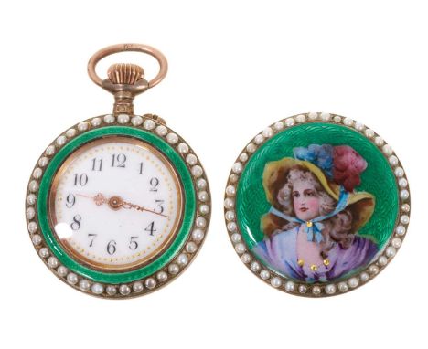 Late 19th/early 20th century Swiss enamel fob watch with seed pearl bezels, the reverse with enamel portrait of a lady on gre