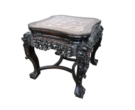 Chinese carved low marble topped side table, of shaped square outline, with prunus frieze raised on mask headed legs, 44cm wi