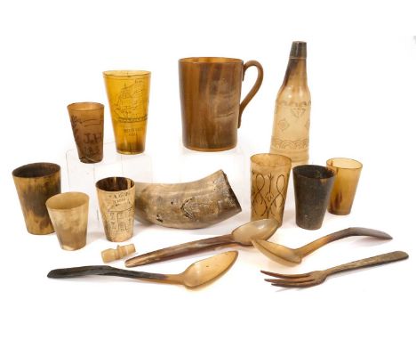 Collection of horn beakers, including one engraved with a house and dated 1810, together with various other carved hornI'm af