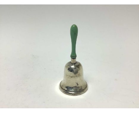 George V Silver table bell with green composite handle, broken but present (Chester 1919) maker's mark rubbed. All at approxi