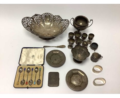 Collection of miscellaneous 20th century silver, including fruit dish, trophy cup, pair dishes, napkin rings, condiments and 