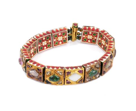 Antique Indian Mughal-style multi-gem set and enamel bracelet with articulated panels set with diamonds, emerald, rubies and 