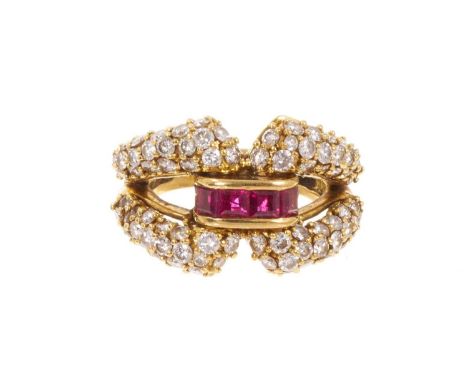 Kutchinsky diamond and ruby cocktail ring with calibre cut rubies and pavé set diamonds in 18ct gold setting, signed Kutchins