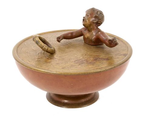 Antique patinated bronze novelty bowl and cover, the cover modelled to represent a child in a pool, grasping for a life ring,