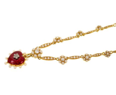 Late Victorian diamond pearl and enamel heart shaped pendant necklace, the detachable pendant with a flower head cluster of o