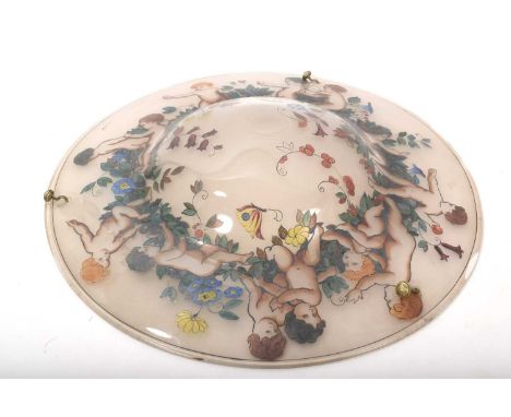 Early 20th century hand painted glass ceiling light, the frosted glass shade pained with cupids and flowers, approximately 55