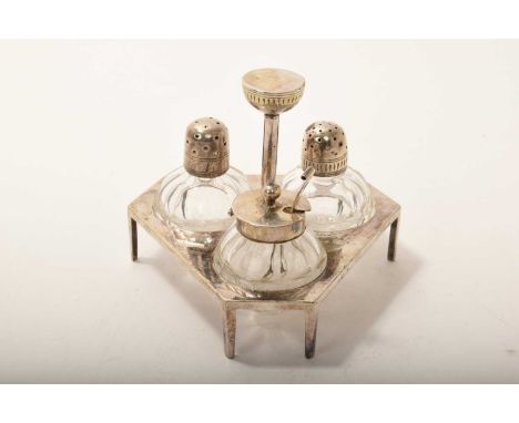 Victorian Christopher Dresser for Hukin &amp; Heath, electroplated cruet with silver-mounted glass bottles, model no.1882, st