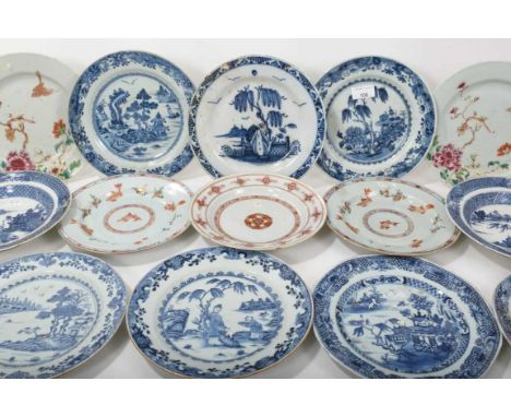 Group of 18th century Chinese porcelain plates, including famille rose, blue and white, and Imari, and one Dutch Delft plate 