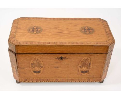 Good quality George III Sheraton influence marquetry inlaid satinwood tea caddy, of canted outline with twin internal compart