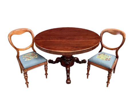 Victorian mahogany breakfast table, with circular tilt top on tripod base, 116cm diameter, and set of six mahogany hoop back 