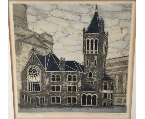 *Valerie Thornton (1931–1991) etching of a church, signed and dated 1971, artist's proof, 39cm x 39cm, in glazed frame