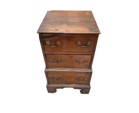 Small 19th century fruitwood chest, with three drawers raised on bracket feet, possibly East Anglian, 48cm wide x 46cm deep x