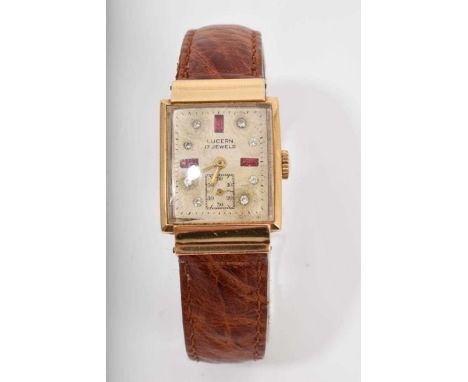 Art Deco 1940s Lucern 14ct gold wristwatch with jewelled rectangular dial with subsidiary seconds, 17 jewel Tower Watch Co. m