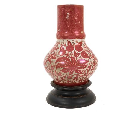 William de Morgan ruby lustre pottery vase, decorated with foliate patterns, impressed mark and inscribed 'FP' for Fred Passe