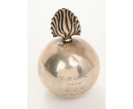 Edwardian silver flaming grenade table lighter (Birmingham 1903) A &amp; J Zimmermann Ltd. 9.5cm overall height.