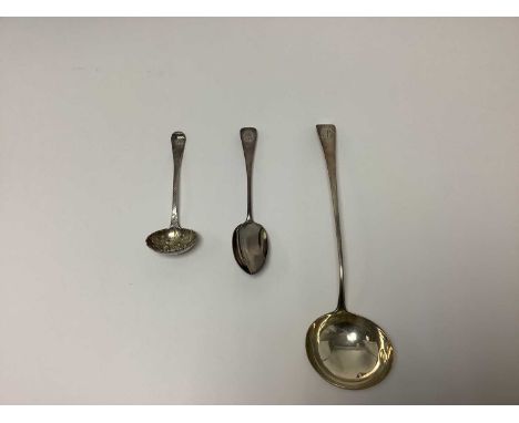 George III silver Old English pattern soup ladle, with engraved initial (London 1791), William IV silver sifter spoon (London