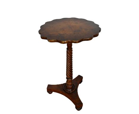 Regency wine table oak wine table, the segmented top with scallop edge and spiral twist column on shaped platform base on bun