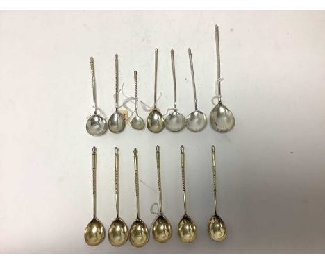 Collection of 19th century Russian silver spoons to include a set of six silver gilt tea/coffee spoons with engraved bowls, a