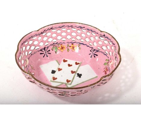 South Staffordshire enamel pink ground counter tray, circa 1770, of shaped outline with pierced sides, 9cm wideSound original