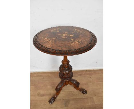 Victorian carved burr walnut and marquetry inlaid occasional table, raised on carved column and tripod base, 50cm diameter x 