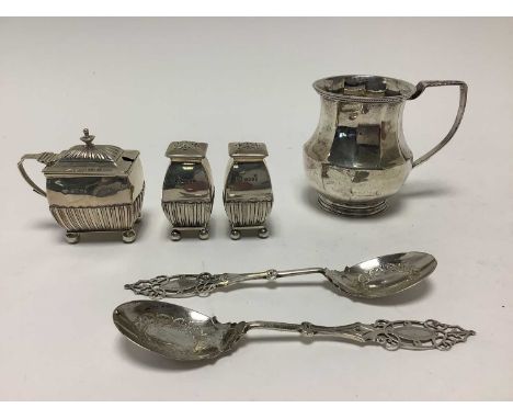 George IV silver christening mug (London 1829), a Victorian silver three piece cruet and a pair of Mappin &amp; Webb silver p